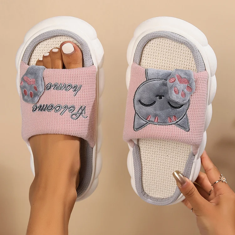 Linen Casual Slippers Women House Platform Cute Cartoon Cat Designer Shoes Girls Flat Fashion Elegant Footwear Indoor Large Size