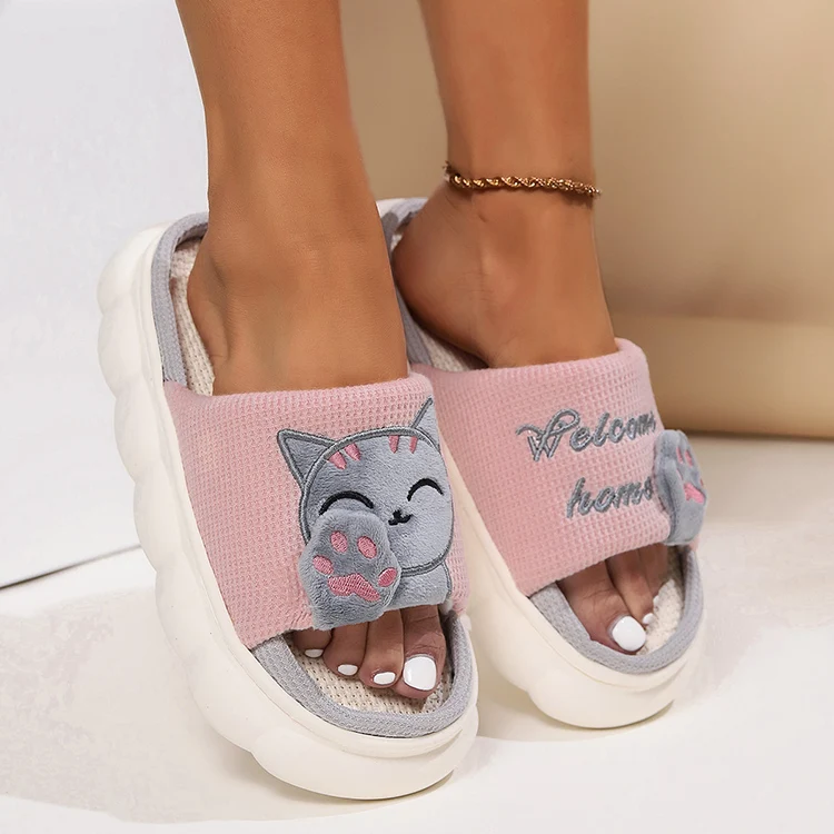 Linen Casual Slippers Women House Platform Cute Cartoon Cat Designer Shoes Girls Flat Fashion Elegant Footwear Indoor Large Size