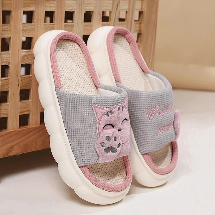 Linen Casual Slippers Women House Platform Cute Cartoon Cat Designer Shoes Girls Flat Fashion Elegant Footwear Indoor Large Size