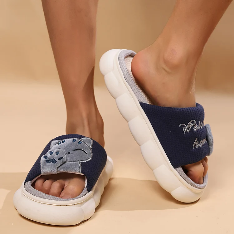 Linen Casual Slippers Women House Platform Cute Cartoon Cat Designer Shoes Girls Flat Fashion Elegant Footwear Indoor Large Size