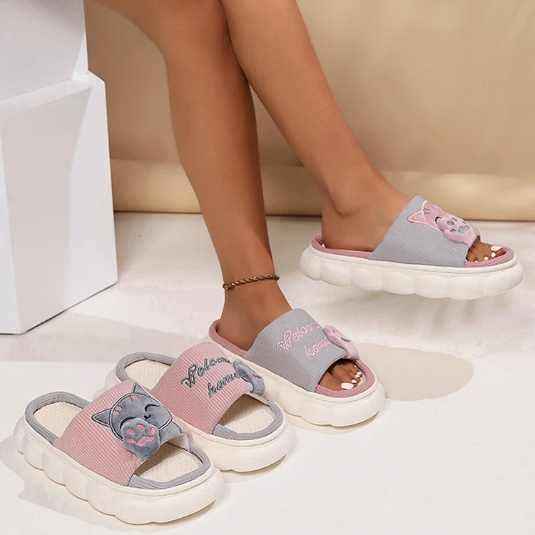 Linen Casual Slippers Women House Platform Cute Cartoon Cat Designer Shoes Girls Flat Fashion Elegant Footwear Indoor Large Size