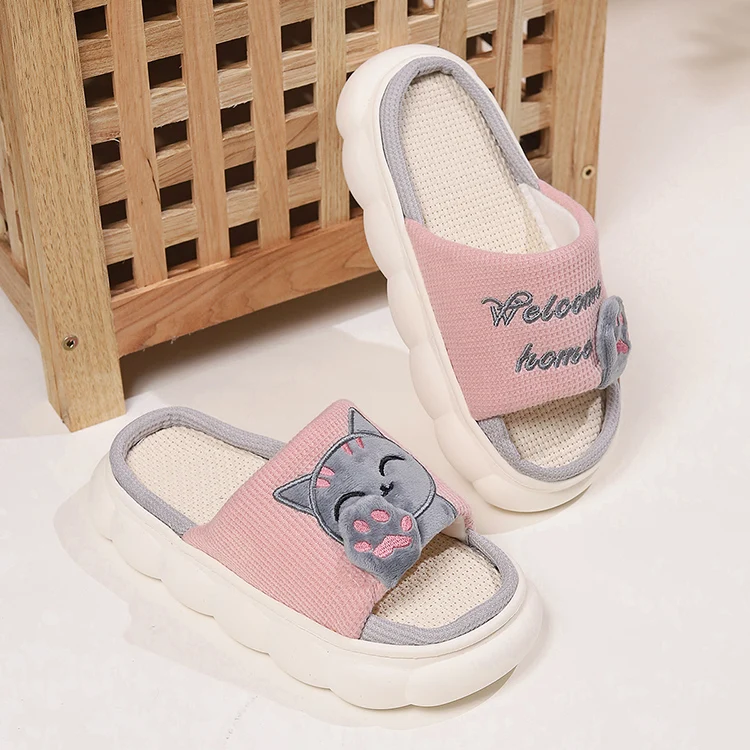 Linen Casual Slippers Women House Platform Cute Cartoon Cat Designer Shoes Girls Flat Fashion Elegant Footwear Indoor Large Size