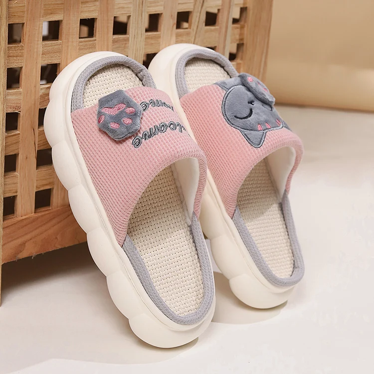 Linen Casual Slippers Women House Platform Cute Cartoon Cat Designer Shoes Girls Flat Fashion Elegant Footwear Indoor Large Size