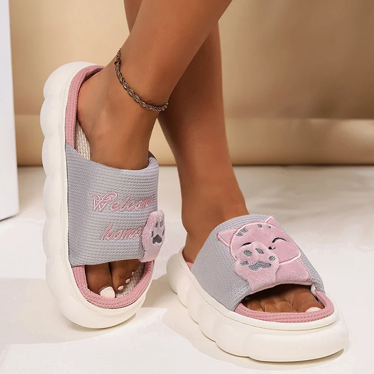 Linen Casual Slippers Women House Platform Cute Cartoon Cat Designer Shoes Girls Flat Fashion Elegant Footwear Indoor Large Size