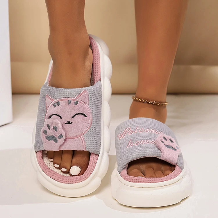 Linen Casual Slippers Women House Platform Cute Cartoon Cat Designer Shoes Girls Flat Fashion Elegant Footwear Indoor Large Size