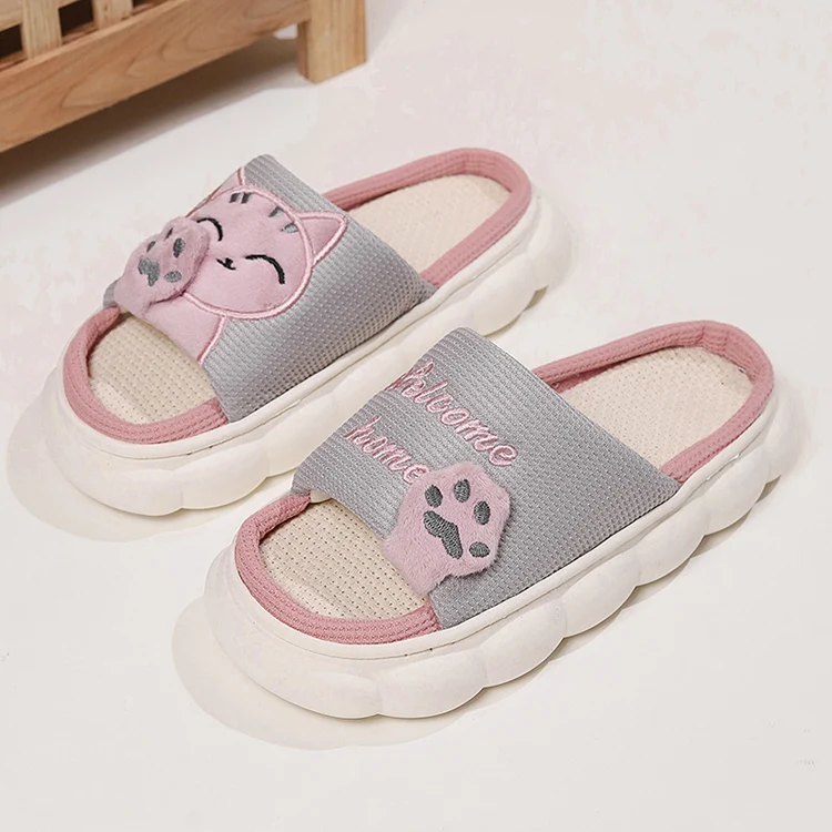 Linen Casual Slippers Women House Platform Cute Cartoon Cat Designer Shoes Girls Flat Fashion Elegant Footwear Indoor Large Size