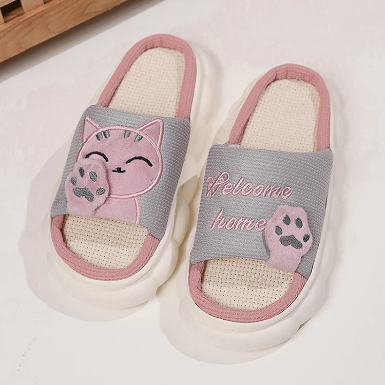 Linen Casual Slippers Women House Platform Cute Cartoon Cat Designer Shoes Girls Flat Fashion Elegant Footwear Indoor Large Size