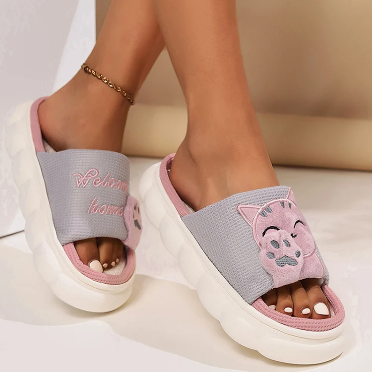 Linen Casual Slippers Women House Platform Cute Cartoon Cat Designer Shoes Girls Flat Fashion Elegant Footwear Indoor Large Size