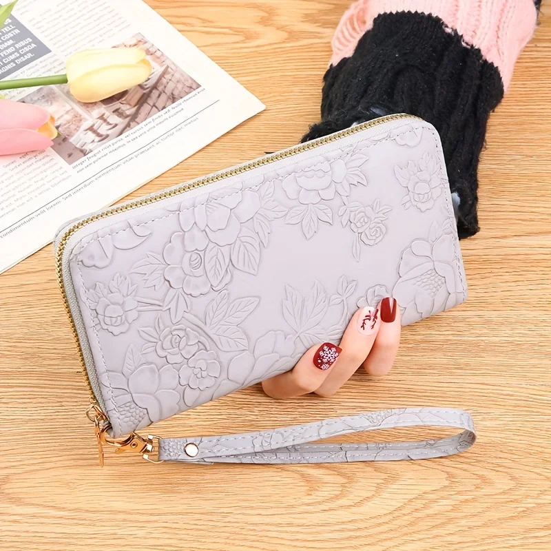 Floral Embossed Long Wallet, PU Leather Credit Card Holder, Simple Trendy Phone Coin Clutch Purse For Women Hand-painted Wallet