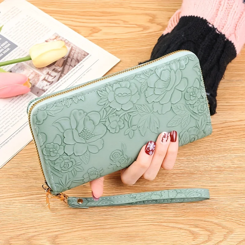 Floral Embossed Long Wallet, PU Leather Credit Card Holder, Simple Trendy Phone Coin Clutch Purse For Women Hand-painted Wallet