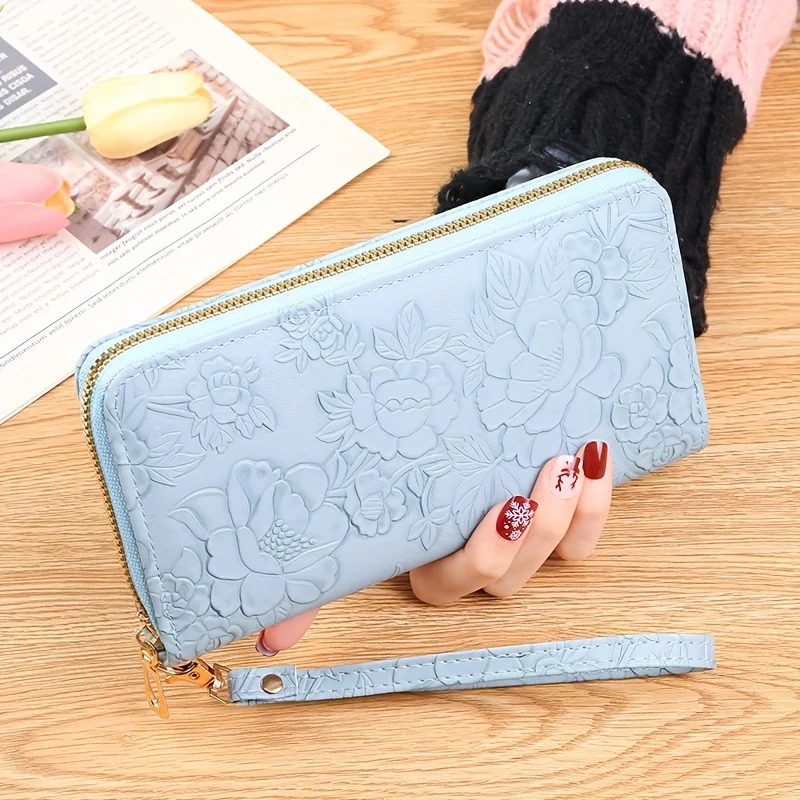 Floral Embossed Long Wallet, PU Leather Credit Card Holder, Simple Trendy Phone Coin Clutch Purse For Women Hand-painted Wallet