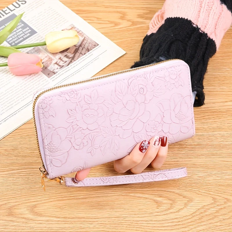 Floral Embossed Long Wallet, PU Leather Credit Card Holder, Simple Trendy Phone Coin Clutch Purse For Women Hand-painted Wallet