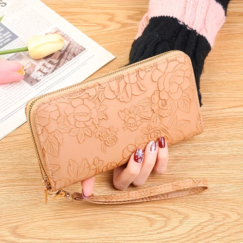 Floral Embossed Long Wallet, PU Leather Credit Card Holder, Simple Trendy Phone Coin Clutch Purse For Women Hand-painted Wallet