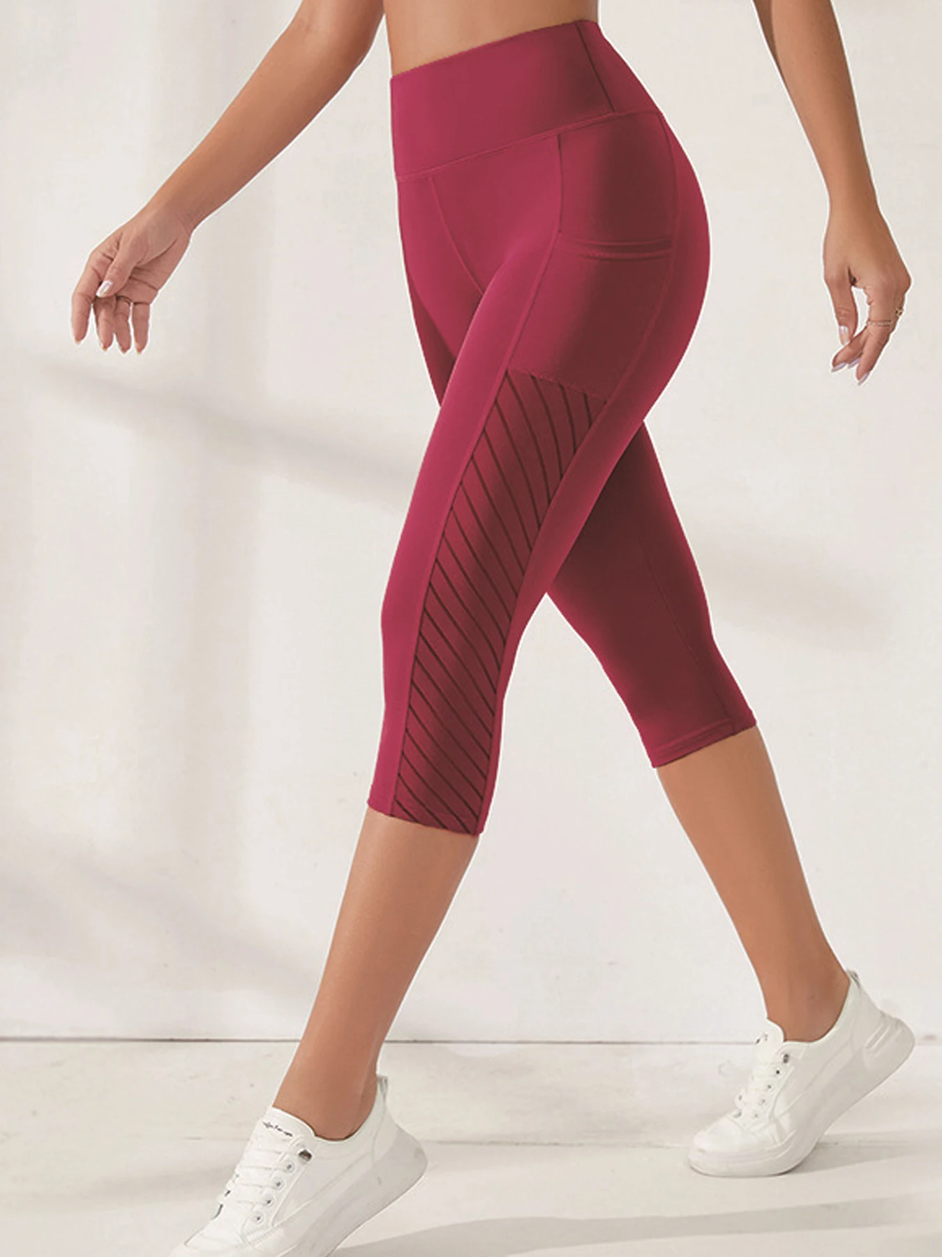 Side Pockets Calf Length Yoga Pants Solid Color high elasticity Leggings High Waist For Women Tummy Control Workout Pants