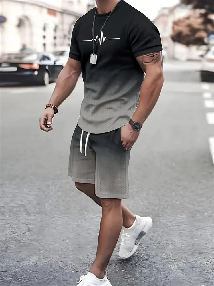 New Men's Outfit Summer Short Sleeve T Shirt Set Fashion 2 Piece Sportwear 3D Printed Casual Shorts Sweatshirt Men's Tracksuit