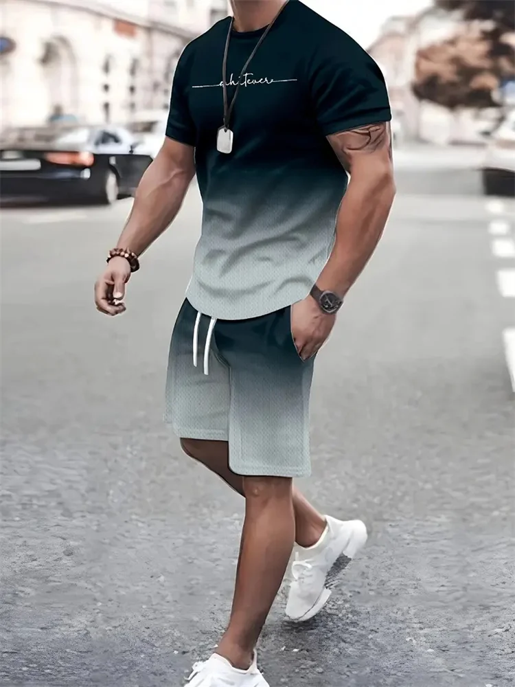 New Men's Outfit Summer Short Sleeve T Shirt Set Fashion 2 Piece Sportwear 3D Printed Casual Shorts Sweatshirt Men's Tracksuit