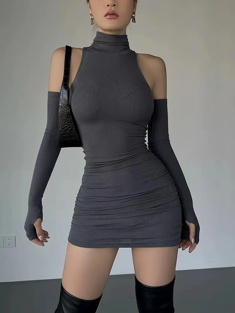 Ruched Bodycon Dress Women Turtleneck Mini Dresses With Sleeves Autumn Black Skinny Stretchy Party Vestidos Fashion Y2K Clothing
