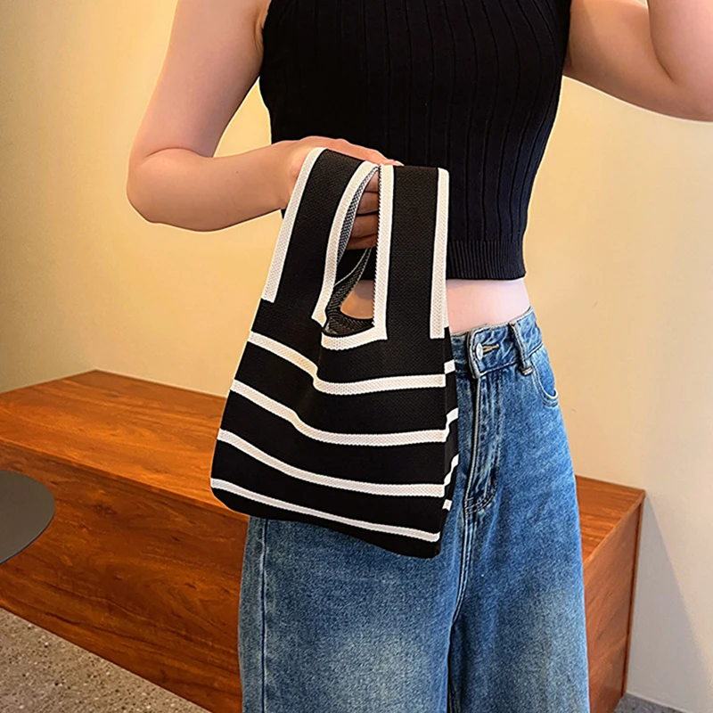 Fashion Handmade Knit Handbags Women Mini Knot Wrist Bag Korean Casual Tote Bag Reusable Shopping Bags