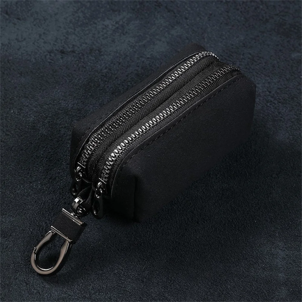 Portable Keychain Wallet for Men Women Large-Capacity Double Zipper Key Pouch Bag Suede Leather Key Case Unisex Coin Purse