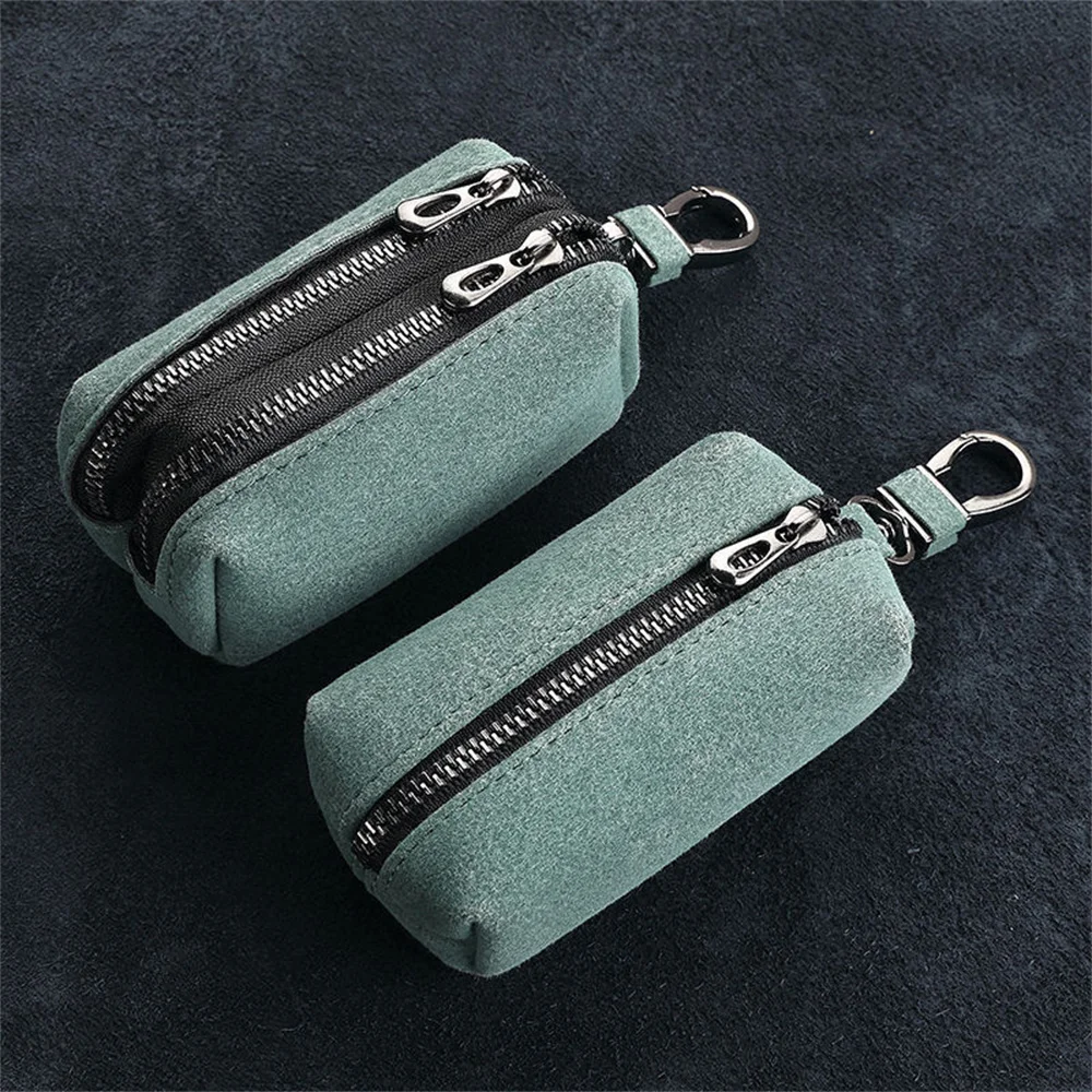 Portable Keychain Wallet for Men Women Large-Capacity Double Zipper Key Pouch Bag Suede Leather Key Case Unisex Coin Purse