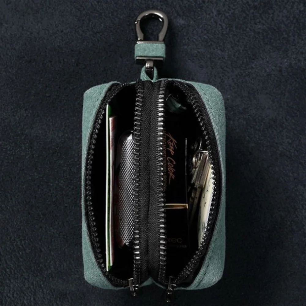 Portable Keychain Wallet for Men Women Large-Capacity Double Zipper Key Pouch Bag Suede Leather Key Case Unisex Coin Purse