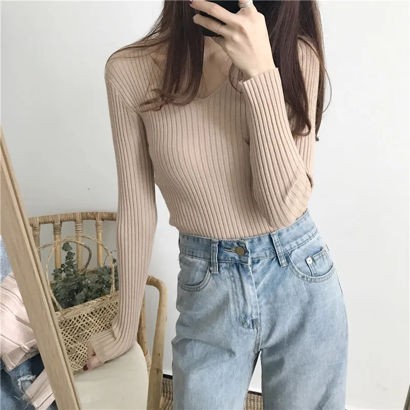 Korean Spring V Neck Sweater Knitted Fashion Sweaters 2026 Slim Winter Tops For Women Pullover Jumper Pull Femme Truien Dames