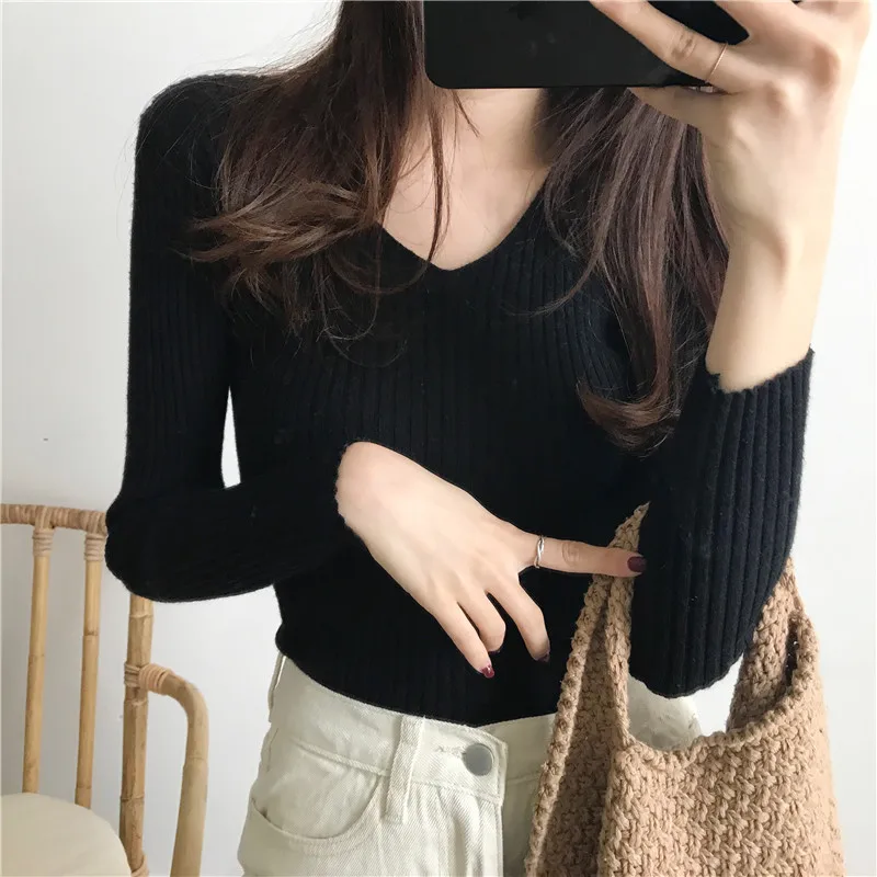 Korean Spring V Neck Sweater Knitted Fashion Sweaters 2026 Slim Winter Tops For Women Pullover Jumper Pull Femme Truien Dames