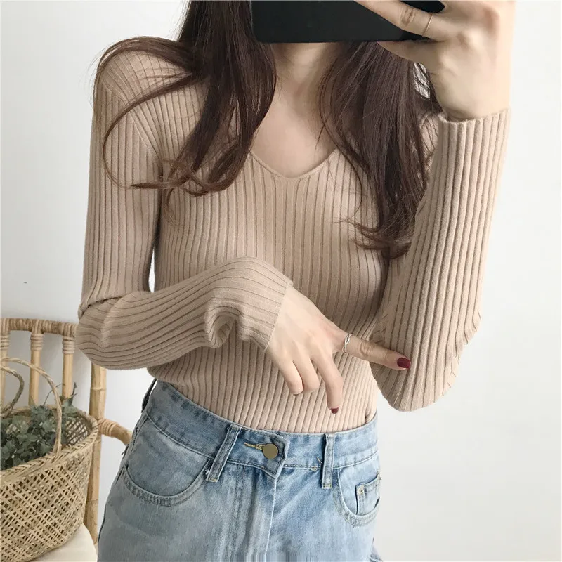 Korean Spring V Neck Sweater Knitted Fashion Sweaters 2026 Slim Winter Tops For Women Pullover Jumper Pull Femme Truien Dames
