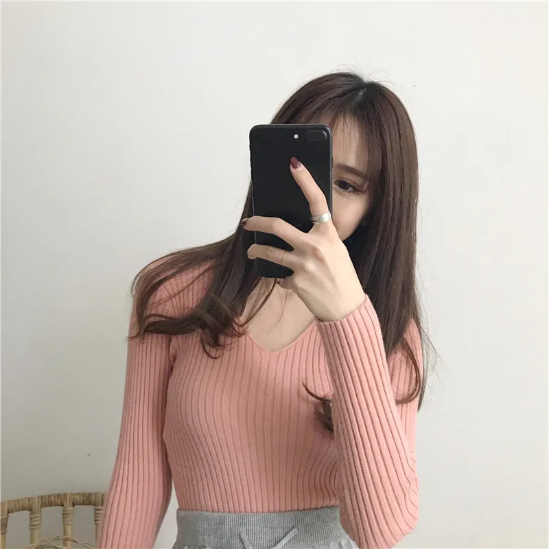 Korean Spring V Neck Sweater Knitted Fashion Sweaters 2026 Slim Winter Tops For Women Pullover Jumper Pull Femme Truien Dames