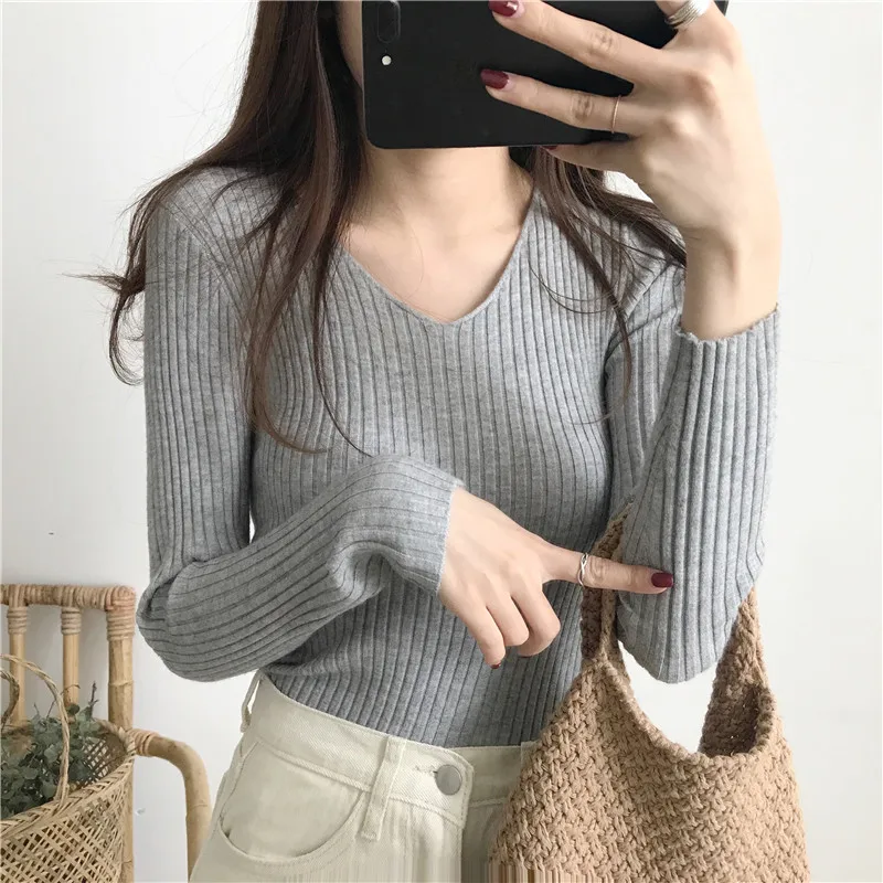 Korean Spring V Neck Sweater Knitted Fashion Sweaters 2026 Slim Winter Tops For Women Pullover Jumper Pull Femme Truien Dames