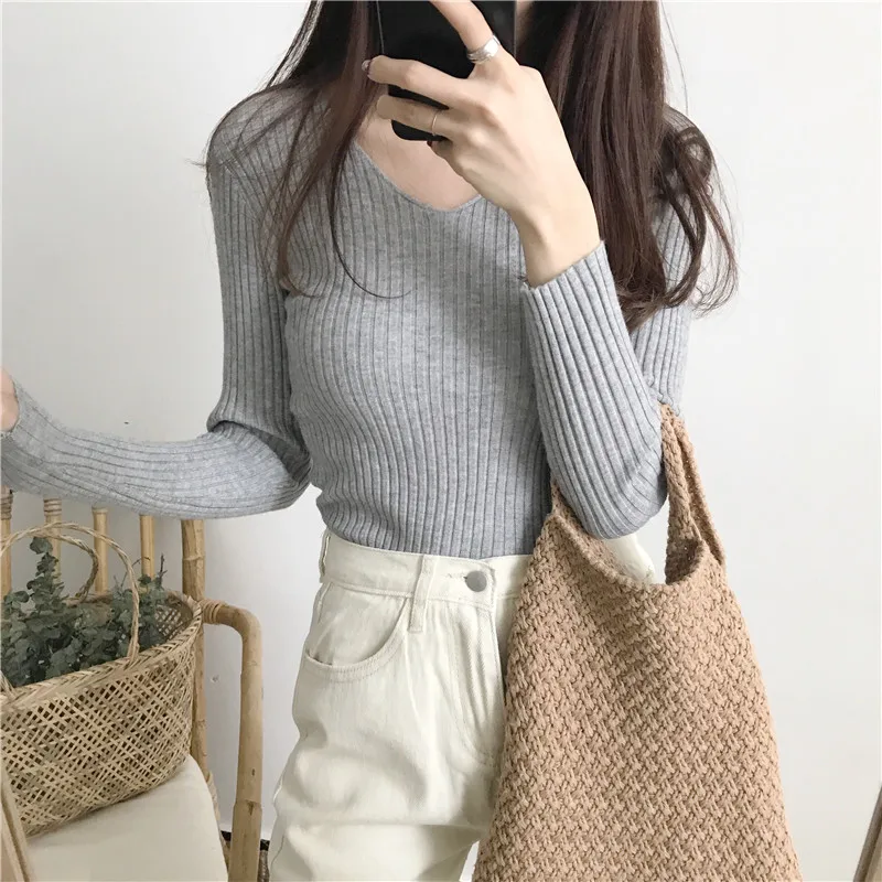Korean Spring V Neck Sweater Knitted Fashion Sweaters 2026 Slim Winter Tops For Women Pullover Jumper Pull Femme Truien Dames