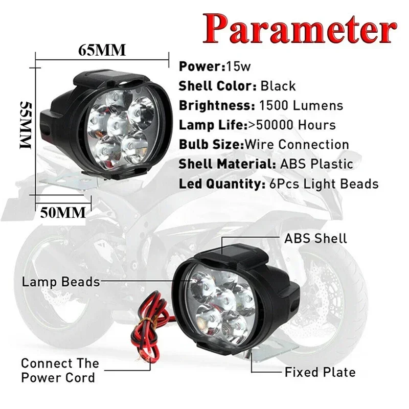 Motorcycle Headlight Spot Lights High Bright Waterproof Scooter Auxiliary Lamp Spotlights 6 LED Fog Bulb Work Lights with Switch