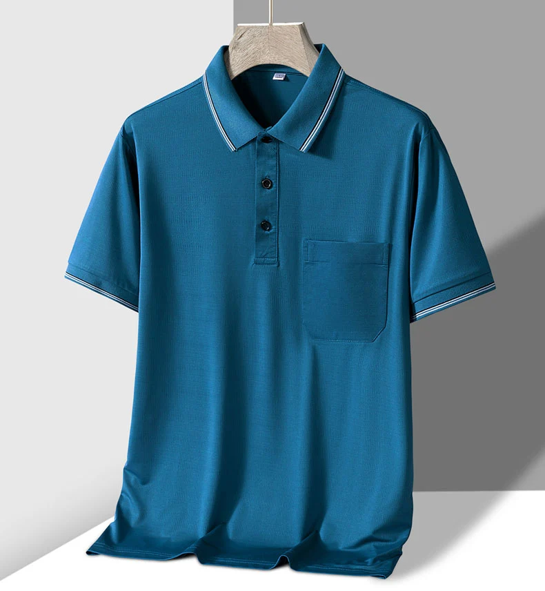 TFETTERS Polo Mens Tshirt for Dady Short Sleeve Turn Down Collar Business Anti-wrinkle Real Pocket Design Polo Shirt Man