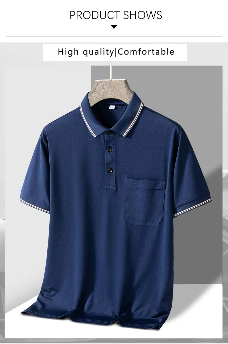 TFETTERS Polo Mens Tshirt for Dady Short Sleeve Turn Down Collar Business Anti-wrinkle Real Pocket Design Polo Shirt Man