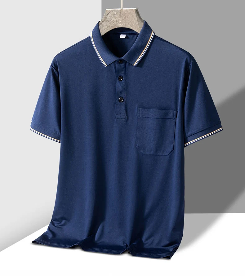 TFETTERS Polo Mens Tshirt for Dady Short Sleeve Turn Down Collar Business Anti-wrinkle Real Pocket Design Polo Shirt Man