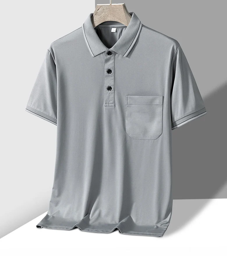 TFETTERS Polo Mens Tshirt for Dady Short Sleeve Turn Down Collar Business Anti-wrinkle Real Pocket Design Polo Shirt Man
