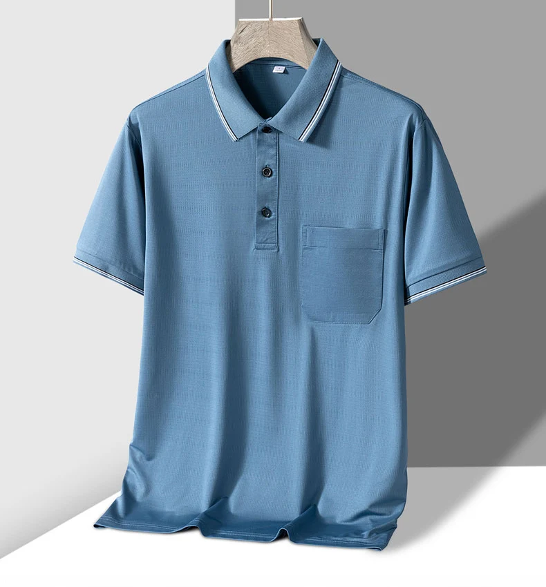 TFETTERS Polo Mens Tshirt for Dady Short Sleeve Turn Down Collar Business Anti-wrinkle Real Pocket Design Polo Shirt Man