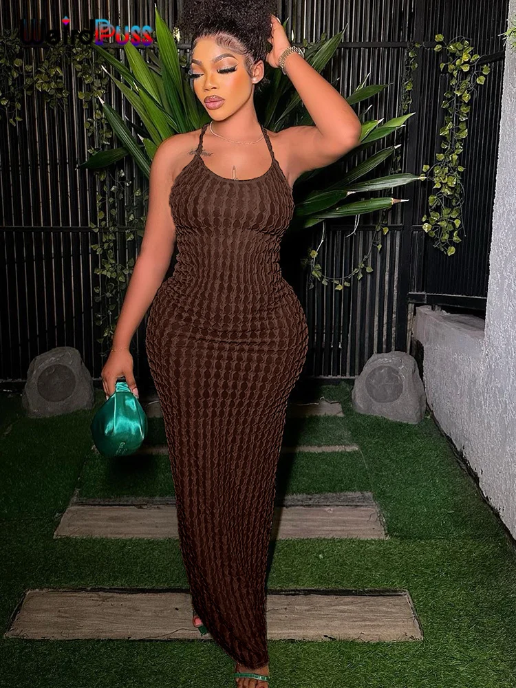 Weird Puss Backless Halter Dress Women Cross Bandage Sleeveless Sexy Elegant Skinny Stretch Wedding Party Maxi Bodycon Vestidos