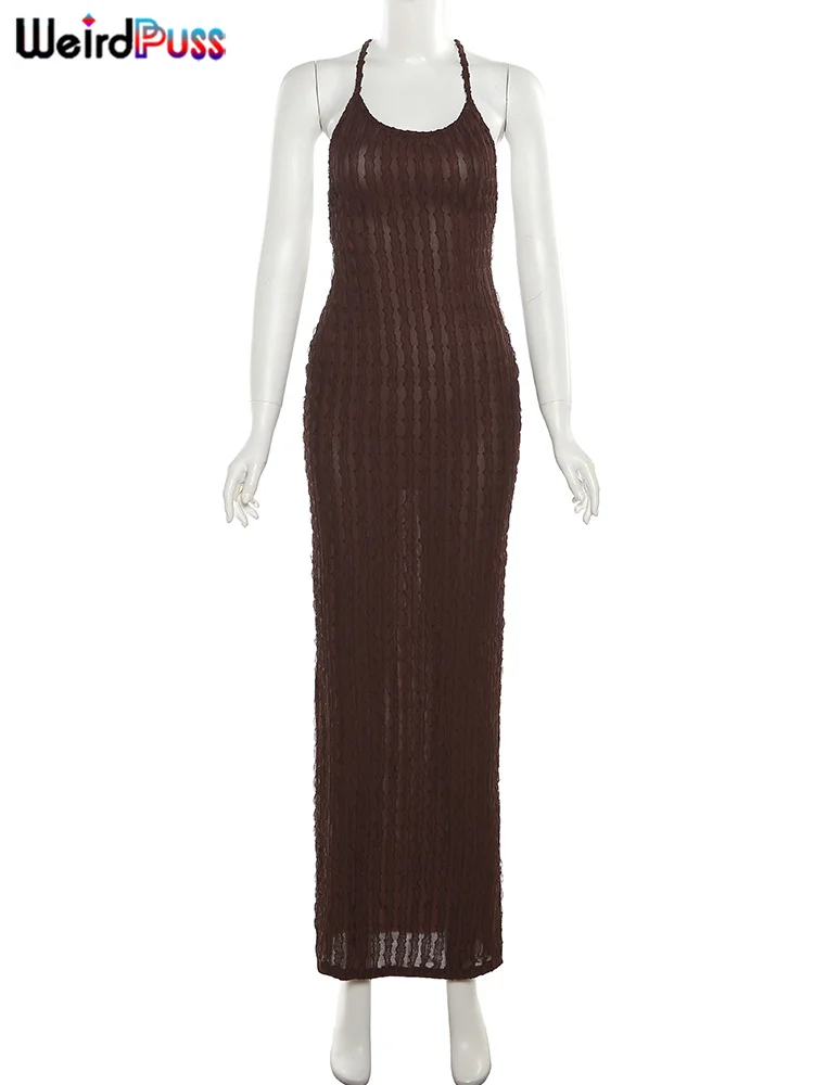 Weird Puss Backless Halter Dress Women Cross Bandage Sleeveless Sexy Elegant Skinny Stretch Wedding Party Maxi Bodycon Vestidos