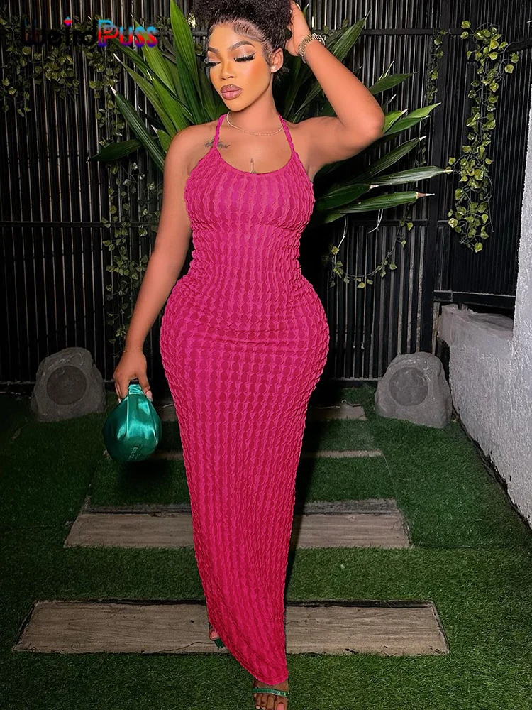 Weird Puss Backless Halter Dress Women Cross Bandage Sleeveless Sexy Elegant Skinny Stretch Wedding Party Maxi Bodycon Vestidos