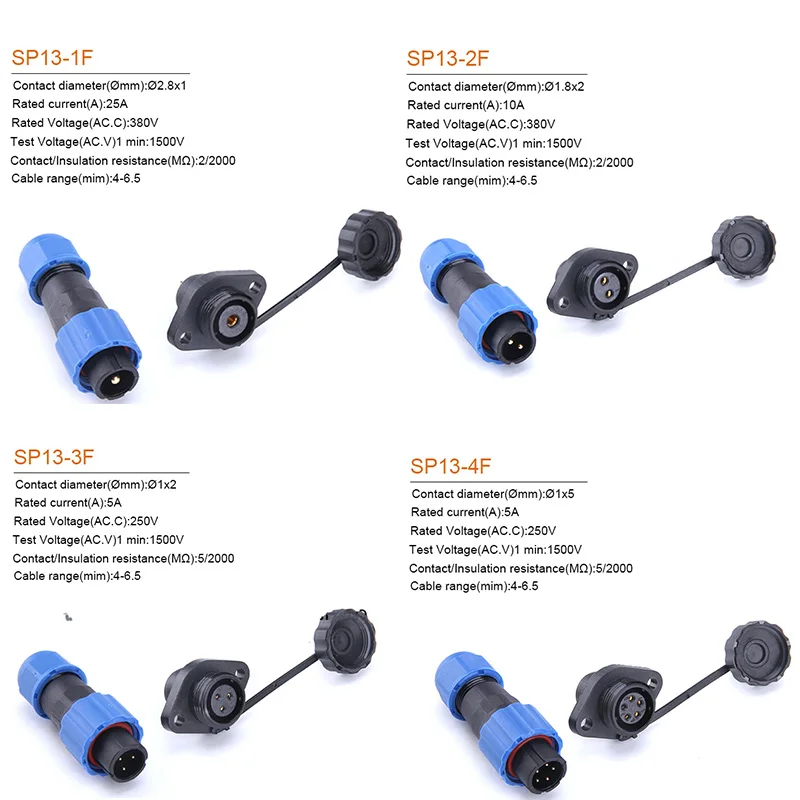 SP13 Waterproof Connector IP68 1/2/3/4/5/6/7/9 Pin Cable Connectors Male/Female Plug And Socket Nut/Flange/Docking