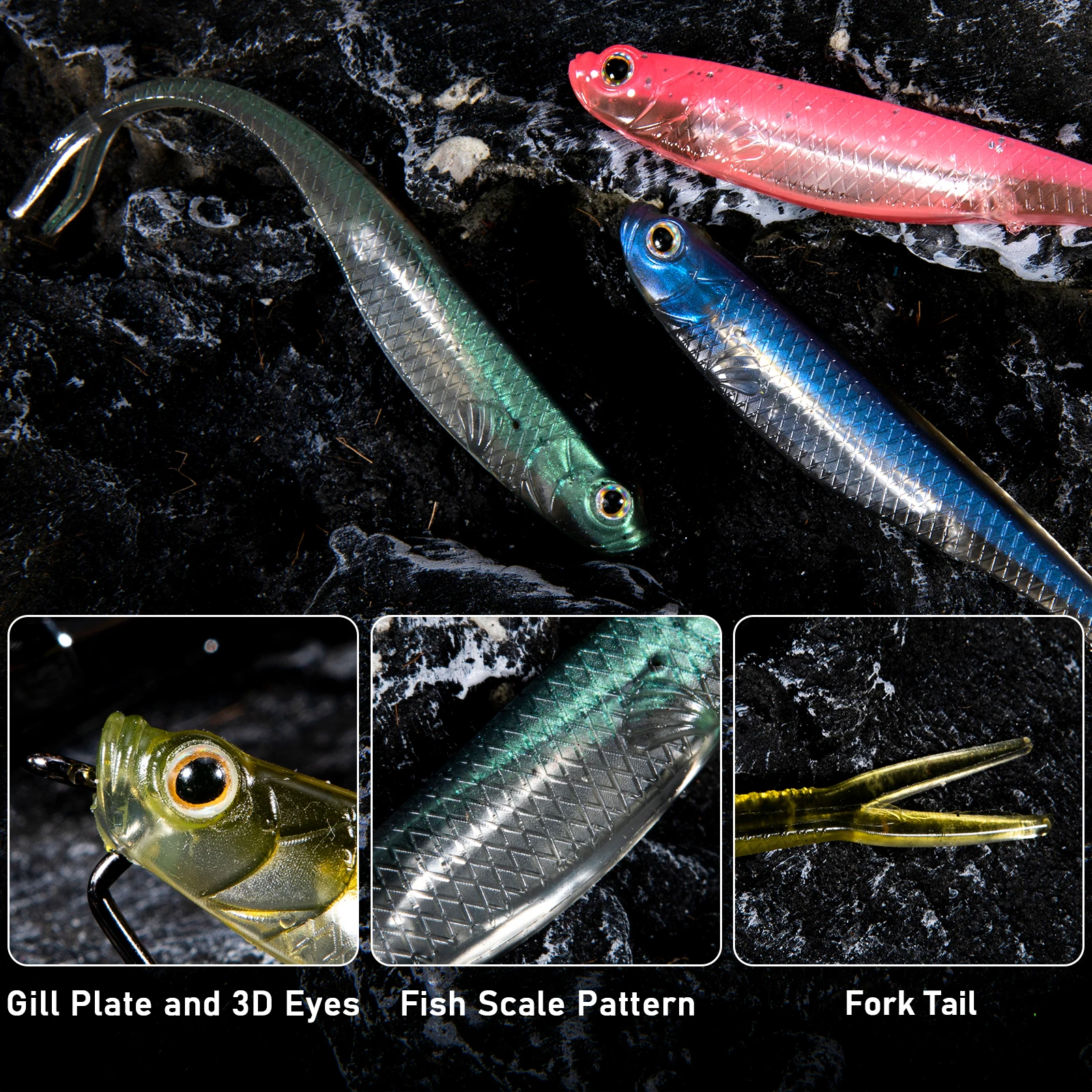 Dr.Fish 5/6pcs Fishing Soft Lure Plastic Saltwater Fork Tail Drop Shot Silicone Soft Bait Worm Bass Trout Pike Walleye Weedless