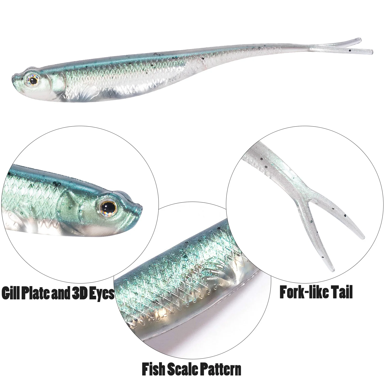 Dr.Fish 5/6pcs Fishing Soft Lure Plastic Saltwater Fork Tail Drop Shot Silicone Soft Bait Worm Bass Trout Pike Walleye Weedless