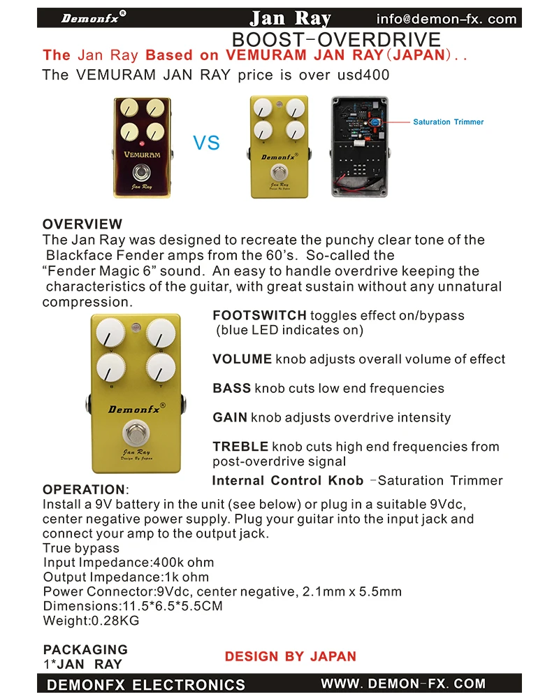 High Quality Jan Ray Overdrive Guitar Effect Pedal Drive With True Bypass Demonfx