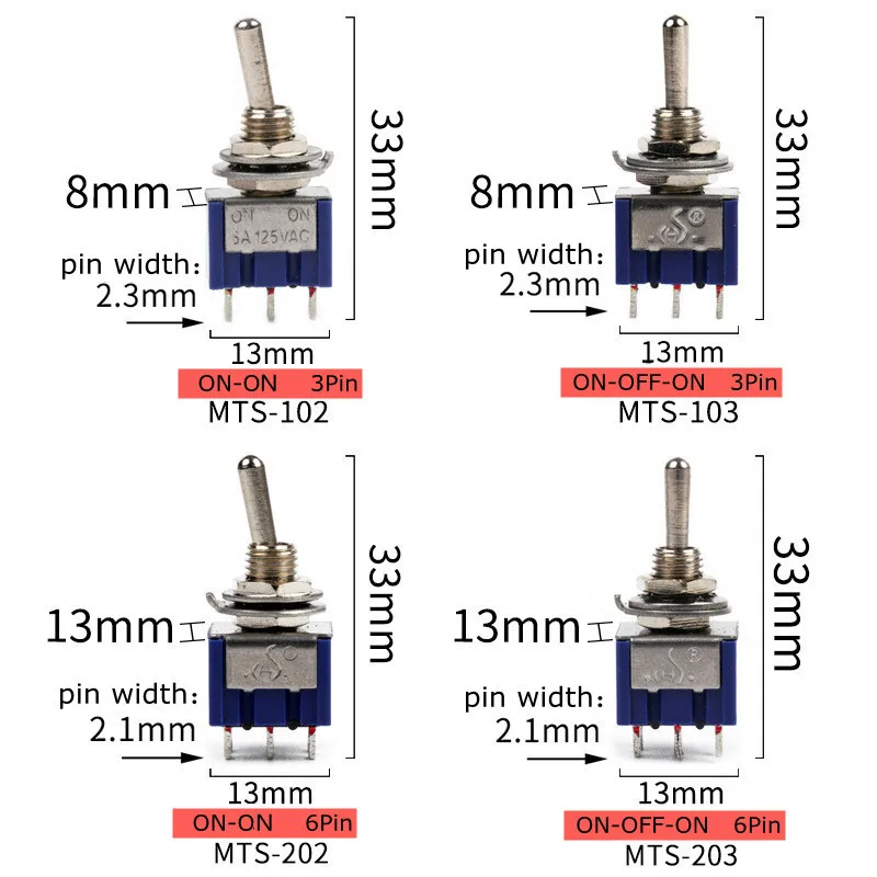 5Pcs Toggle Switch ON-ON/ON-OFF-ON 3/6 Pin 2/3 Position Latching MTS-102 103 202 AC 125V/6A 250V/3A Power Button Switch Car