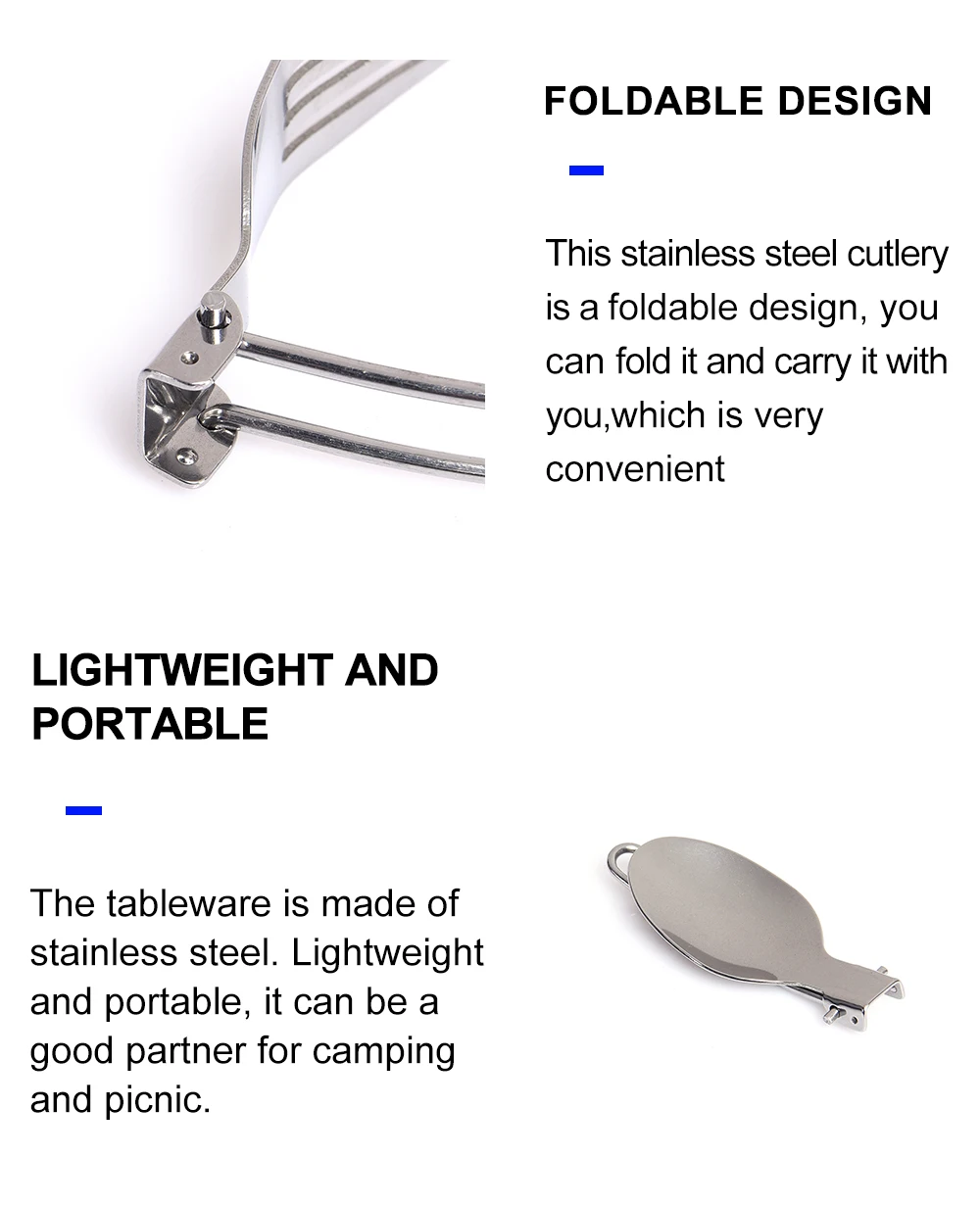 3 pcs 1 Set Portable Outdoor Camping Travel Picnic Foldable Stainless Steel Cutlery Set Spoon Fork Knife Tableware