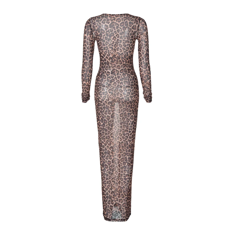 Dress Summer Women Leopard Print Mesh O Neck Long Sleeve Sexy See Through Maxi Fashion Outfits Beach Vacation Nightclub