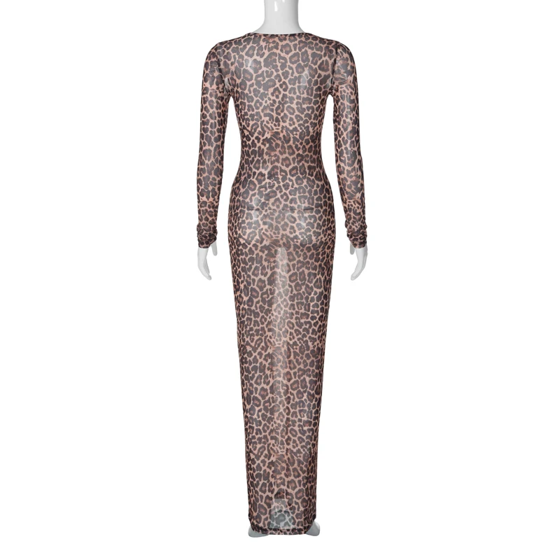 Dress Summer Women Leopard Print Mesh O Neck Long Sleeve Sexy See Through Maxi Fashion Outfits Beach Vacation Nightclub