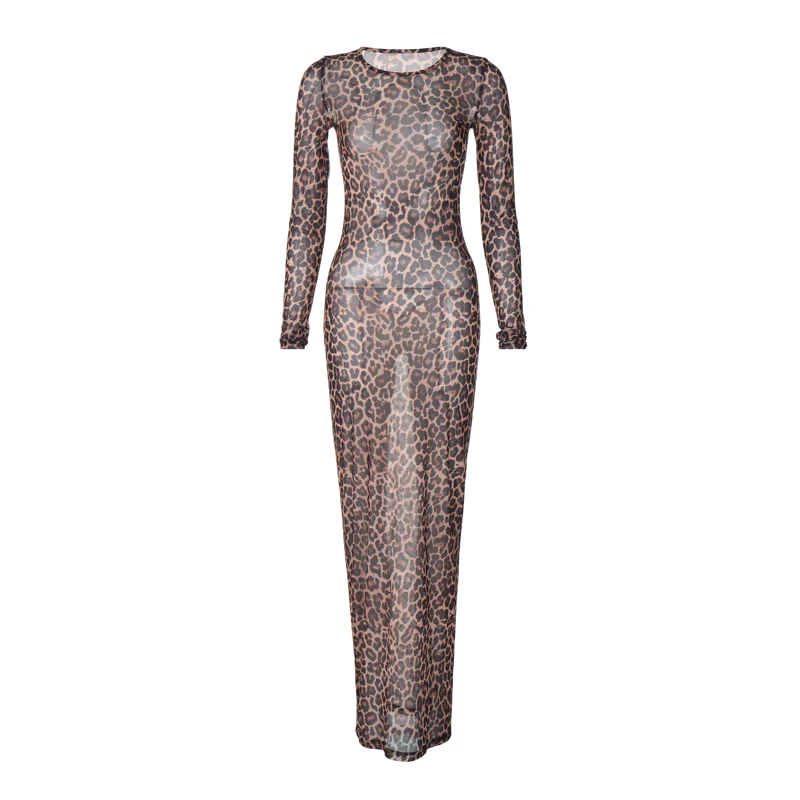 Dress Summer Women Leopard Print Mesh O Neck Long Sleeve Sexy See Through Maxi Fashion Outfits Beach Vacation Nightclub
