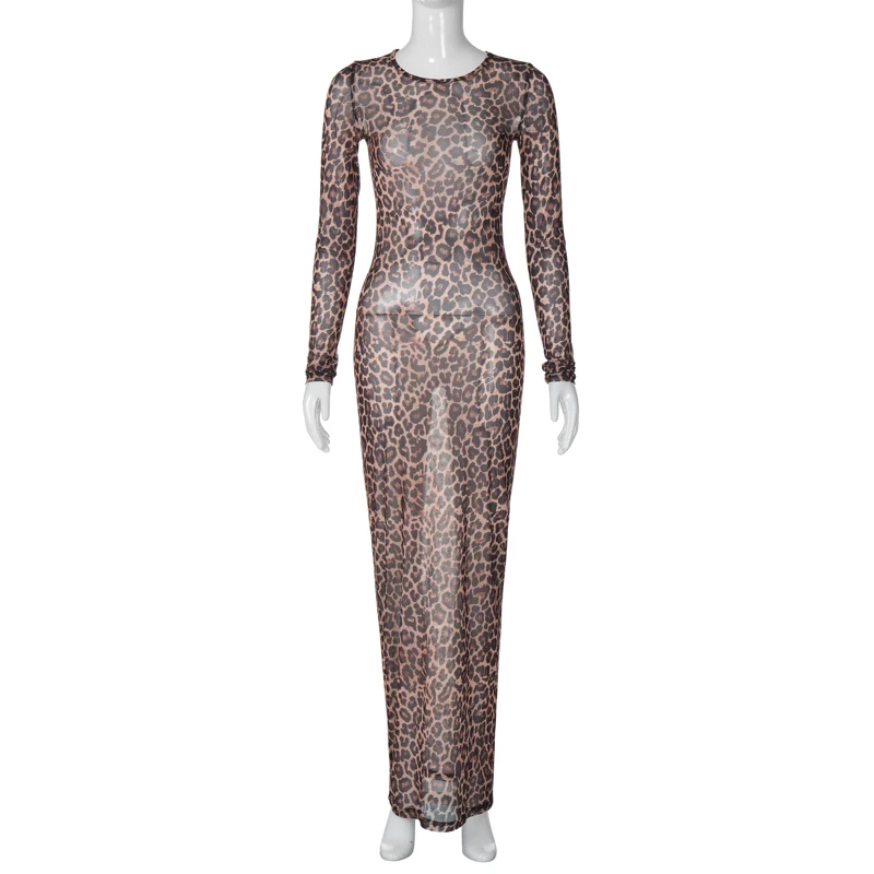 Dress Summer Women Leopard Print Mesh O Neck Long Sleeve Sexy See Through Maxi Fashion Outfits Beach Vacation Nightclub